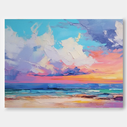 Vibrant Coastal Sunset Oil Painting for Home Decor