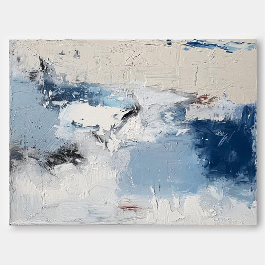 Serene Abstract Oil Painting with Blue and White Tones for Modern Home Decor