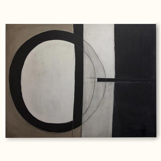 Modern Abstract Oil Painting with Geometric Shapes in Black and White