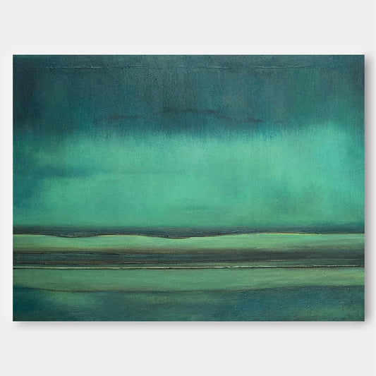 Serene Minimalist Oil Painting in Tranquil Green Hues for Modern Decor