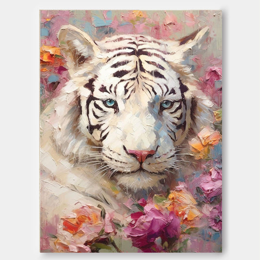 Majestic White Tiger Oil Painting Surrounded Vibrant Florals