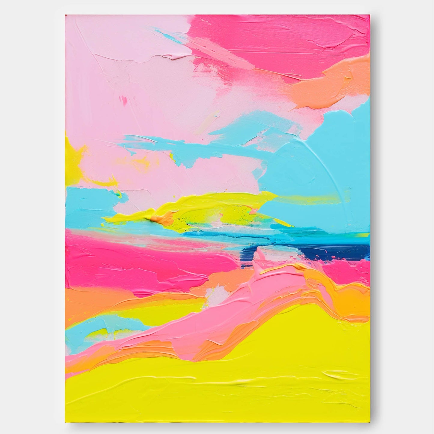 Vibrant Abstract Oil Painting in Pink, Blue, and Yellow - Modern Canvas Art for Home Decor