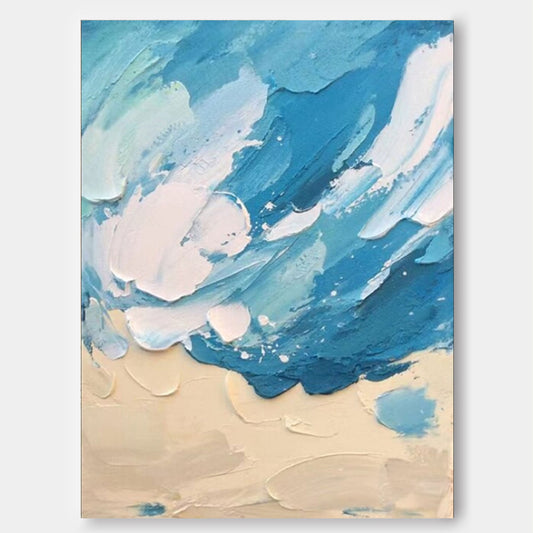 Serene Beach and Ocean Abstract Oil Painting for Coastal Home Decor