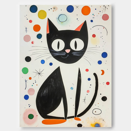 Charming Black Cat Oil Painting with Colorful Abstract Background