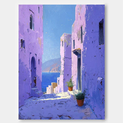 Vibrant Mediterranean Village: Stunning Oil Painting of Coastal Architecture