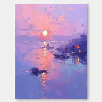Serene Sunset Over Water: Vibrant Oil Painting of Boats and Reflections