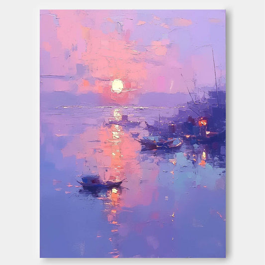 Serene Sunset Over Water: Vibrant Oil Painting of Boats and Reflections