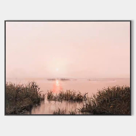 Serene Misty Landscape Oil Painting with Reflective Water at Sunset