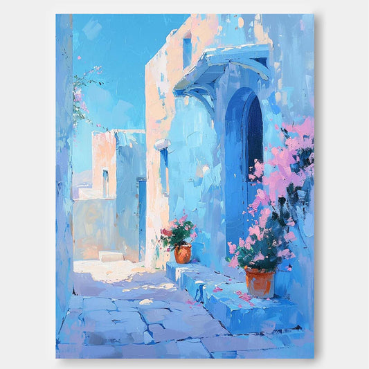 Charming Blue Alleyway Oil Painting with Flower Pots and Architecture