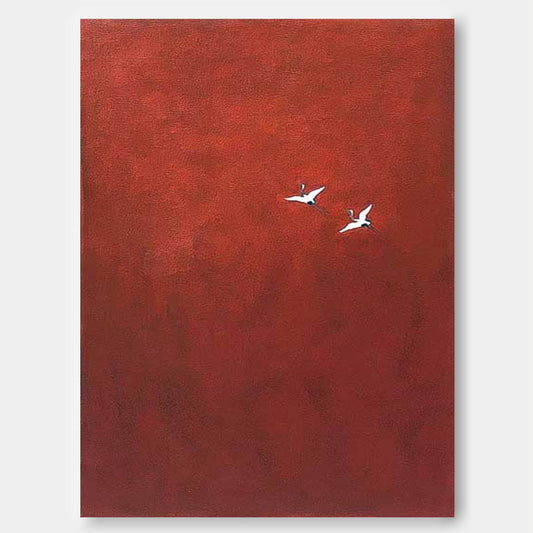 Elegant Red Minimalist Oil Painting with Birds in Flight for Modern Home Décor