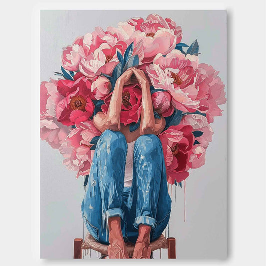 Floral Embrace: Vibrant Oil Painting of a Woman Surrounded by Blossoming Flowers
