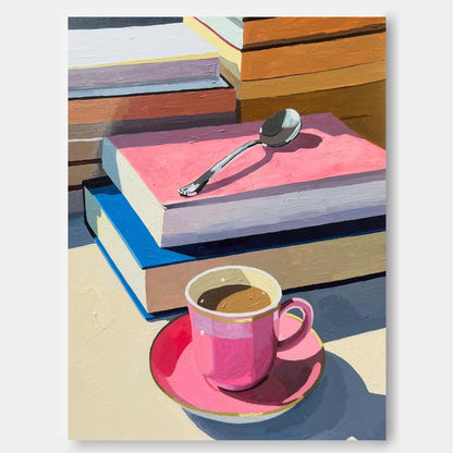 Vibrant Still Life with Coffee and Books - Modern Abstract Oil Painting