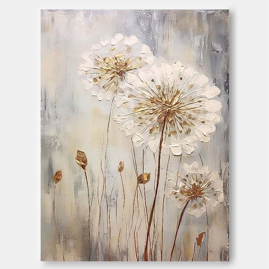Elegant Floral Oil Painting - White Flowers Against Soft Gray Background for Modern Decor
