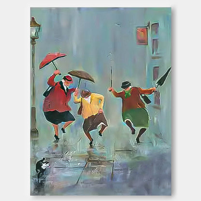 Joyful Rain Dance - Vibrant Oil Painting of People with Umbrellas