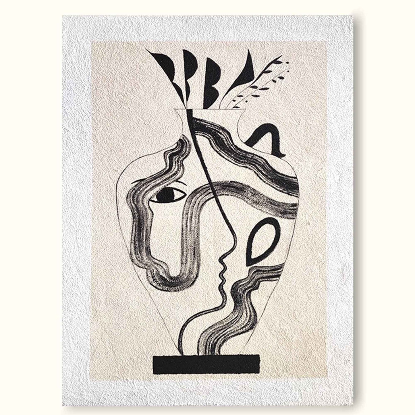 Abstract Minimalist Oil Painting of Faces and Vases for Modern Home Decor