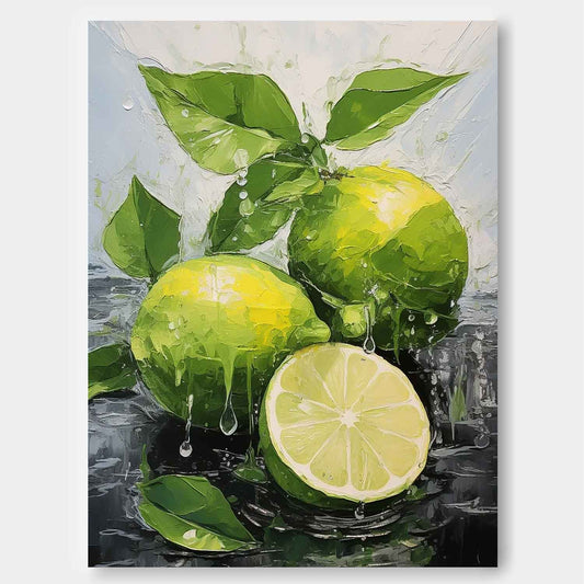 Vibrant Lemon Still Life Oil Painting with Fresh Leaves and Water Drops