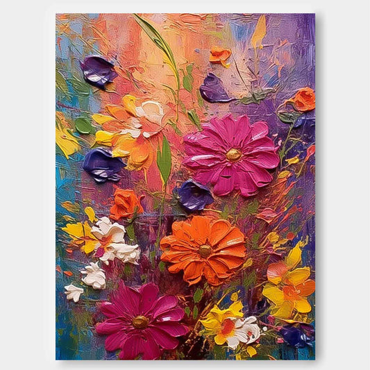 Vibrant Floral Oil Painting on Canvas - Colorful Nature Wall Art Decor