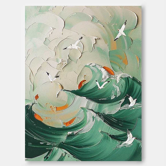 Serene Ocean Waves Oil Painting with Seagulls - Coastal Beach Art for Home Decor