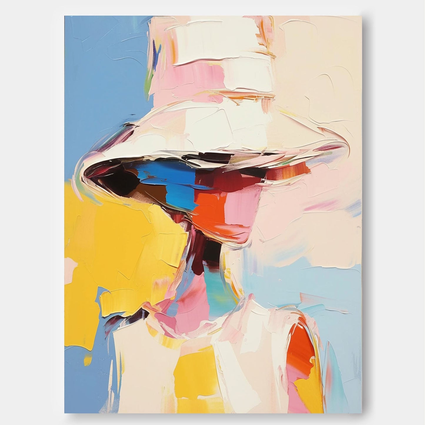 Vibrant Abstract Oil Painting of Woman with Hat in Colorful Background