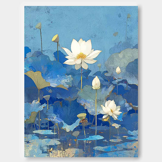 Tranquil Lotus Flowers Oil Painting on Vibrant Blue Canvas