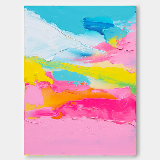 Vibrant Abstract Oil Painting in Blue, Pink, Yellow, and Green for Modern Decor