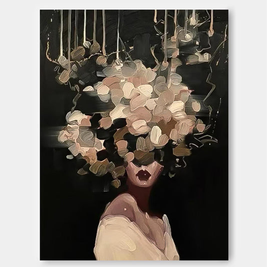 Elegant Woman with Floral Headpiece - Modern Oil Painting for Home Decor