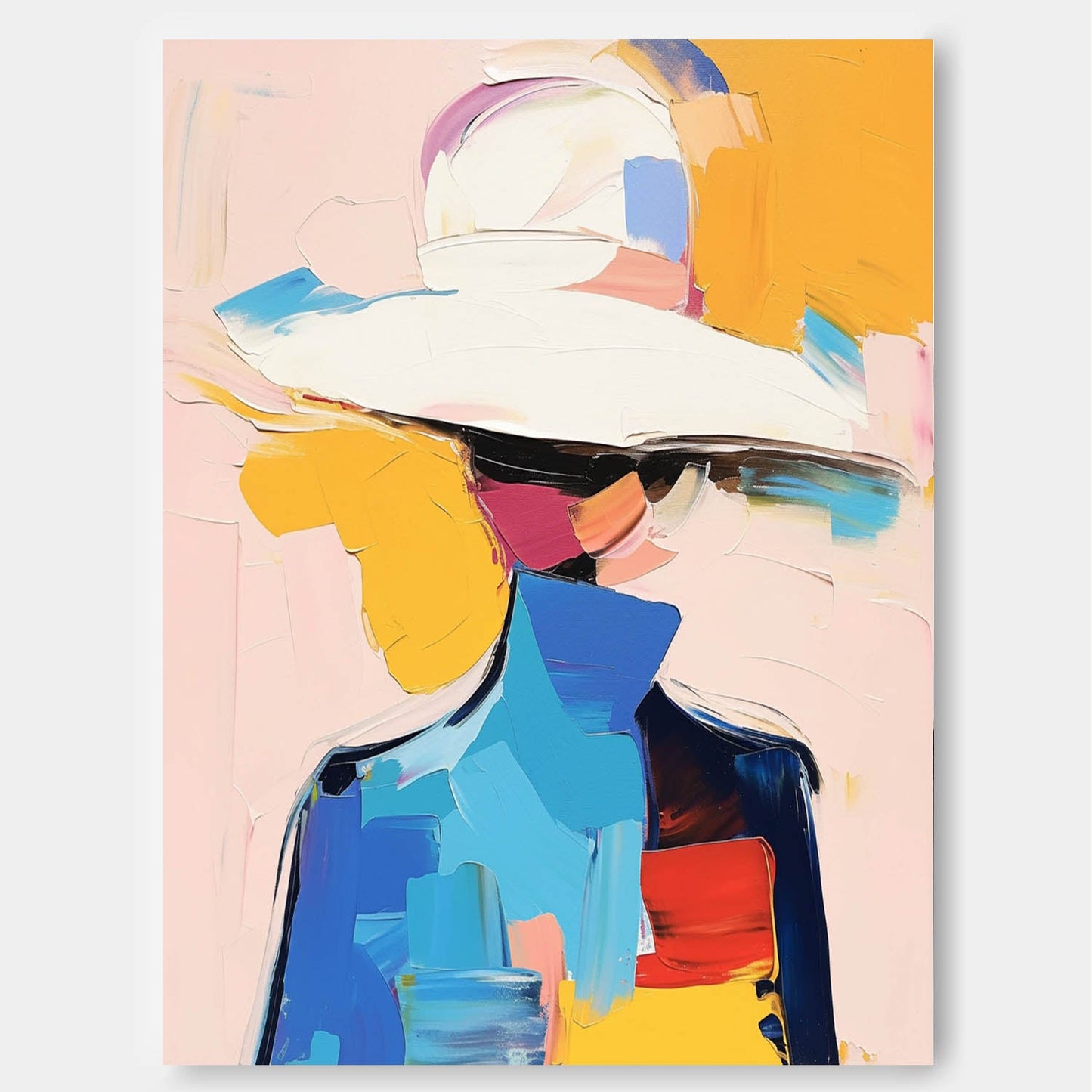 Vibrant Abstract Woman in Hat - Colorful Oil Painting Canvas Art for Modern Decor