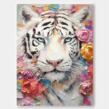 Majestic White Tiger Oil Painting with Floral Accents – Vibrant Wall Art Décor