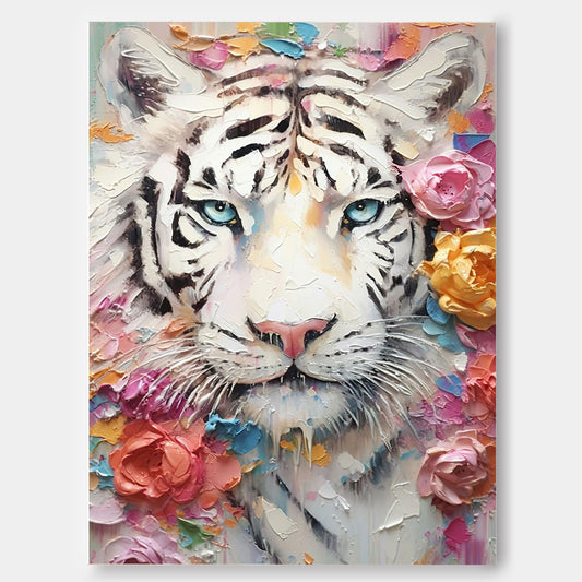 Majestic White Tiger Oil Painting with Floral Accents – Vibrant Wall Art Décor