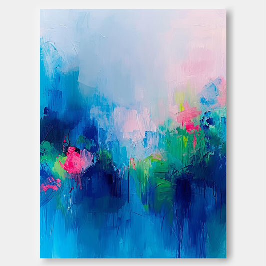 Vibrant Abstract Floral Oil Painting in Blue and Pink Tones for Home Décor