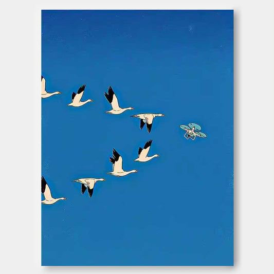 Elegant Minimalist Oil Painting of Geese in Flight against Vibrant Blue Sky