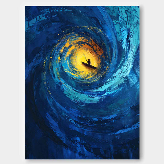 Serene Ocean Swirl: Vibrant Canvas Art of a Kayaker in Tranquil Waters
