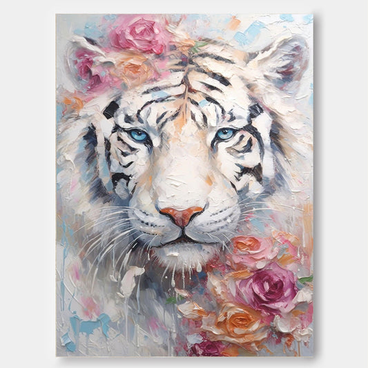 Majestic White Tiger Oil Painting with Floral Accents for Home Decor