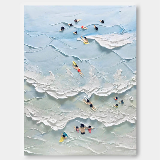 Vibrant Beach Scene Oil Painting with Swimmers and Ocean Waves