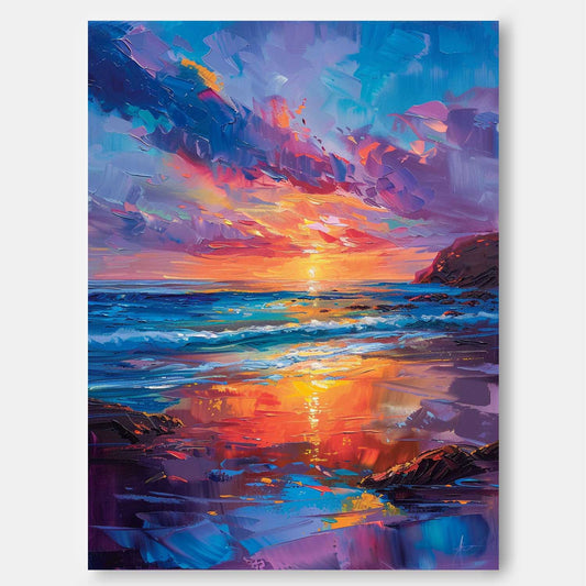 Vibrant Sunset Over Ocean Waves - Colorful Beach Oil Painting Wall Art