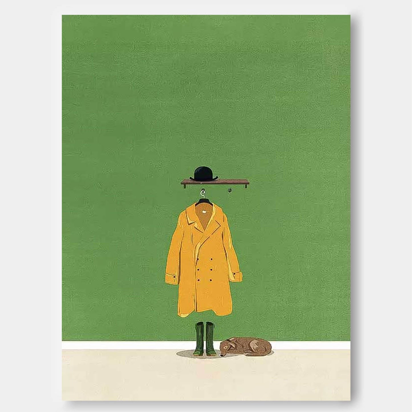 Charming Minimalist Oil Painting of Yellow Coat and Hat on Green Background