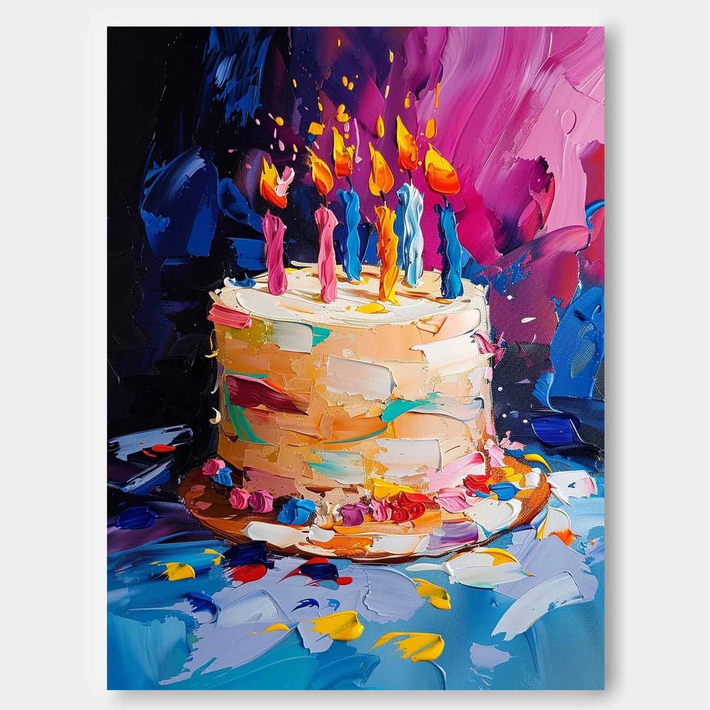 Vibrant Celebration Cake Oil Painting with Colorful Candles and Abstract Background