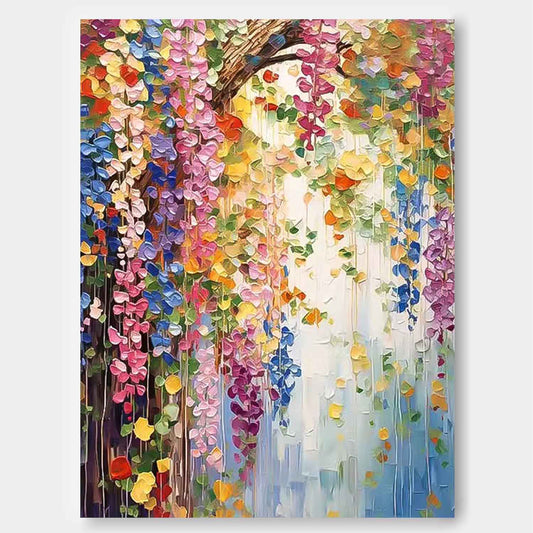 Vibrant Floral Oil Painting with Colorful Blooms and Lush Greenery
