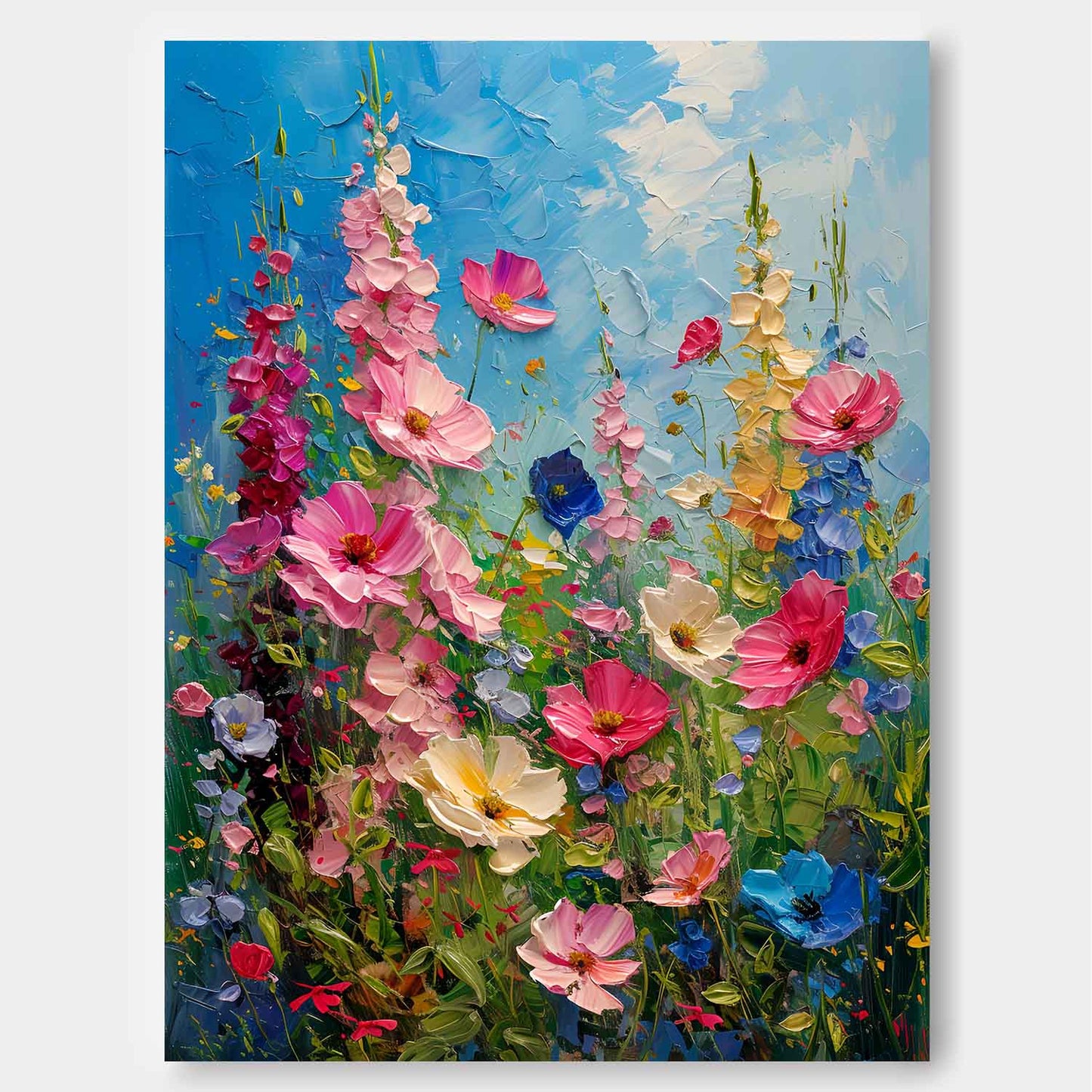 Vibrant Blooming Flower Field Oil Painting on Canvas for Home Decor