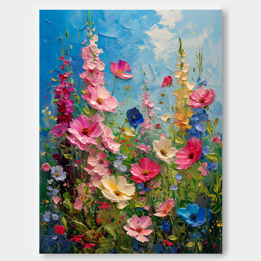 Vibrant Blooming Flower Field Oil Painting on Canvas for Home Decor
