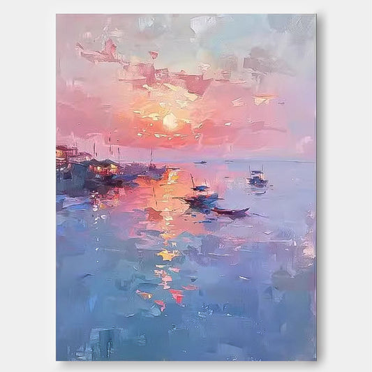 Serene Sunset Seascape Oil Painting with Boats and Reflective Water