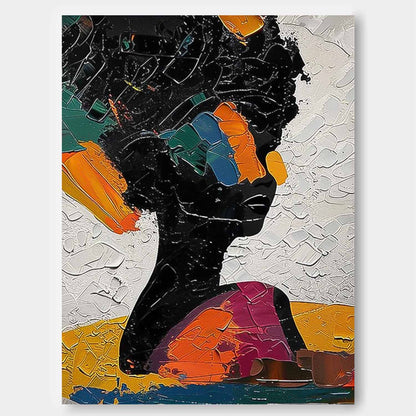 Vibrant Abstract Oil Painting of a Woman with Colorful Hair and Soulful Expression