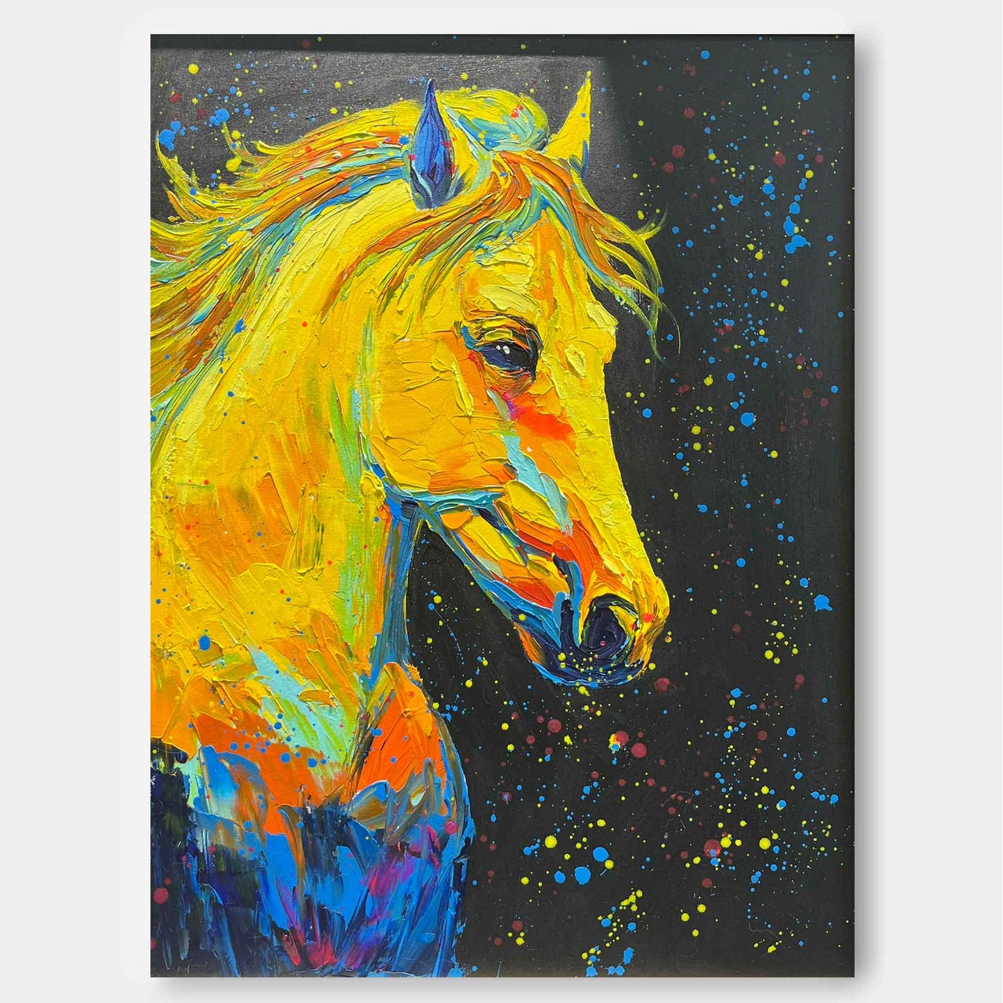 Vibrant Yellow Horse Oil Painting with Colorful Abstract Background