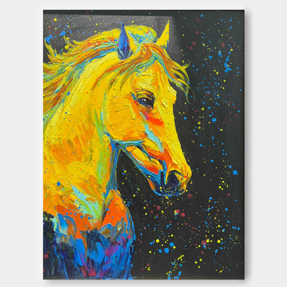 Vibrant Yellow Horse Oil Painting with Colorful Abstract Background