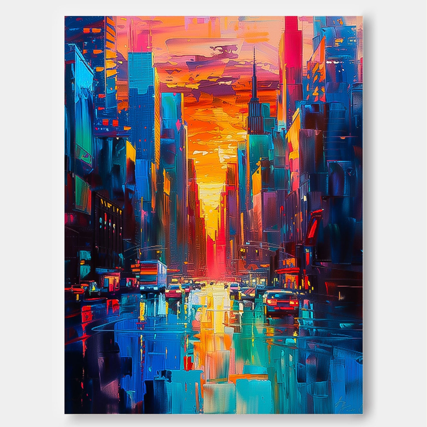 Vibrant Sunset Cityscape Oil Painting - Modern Urban Architecture Artwork