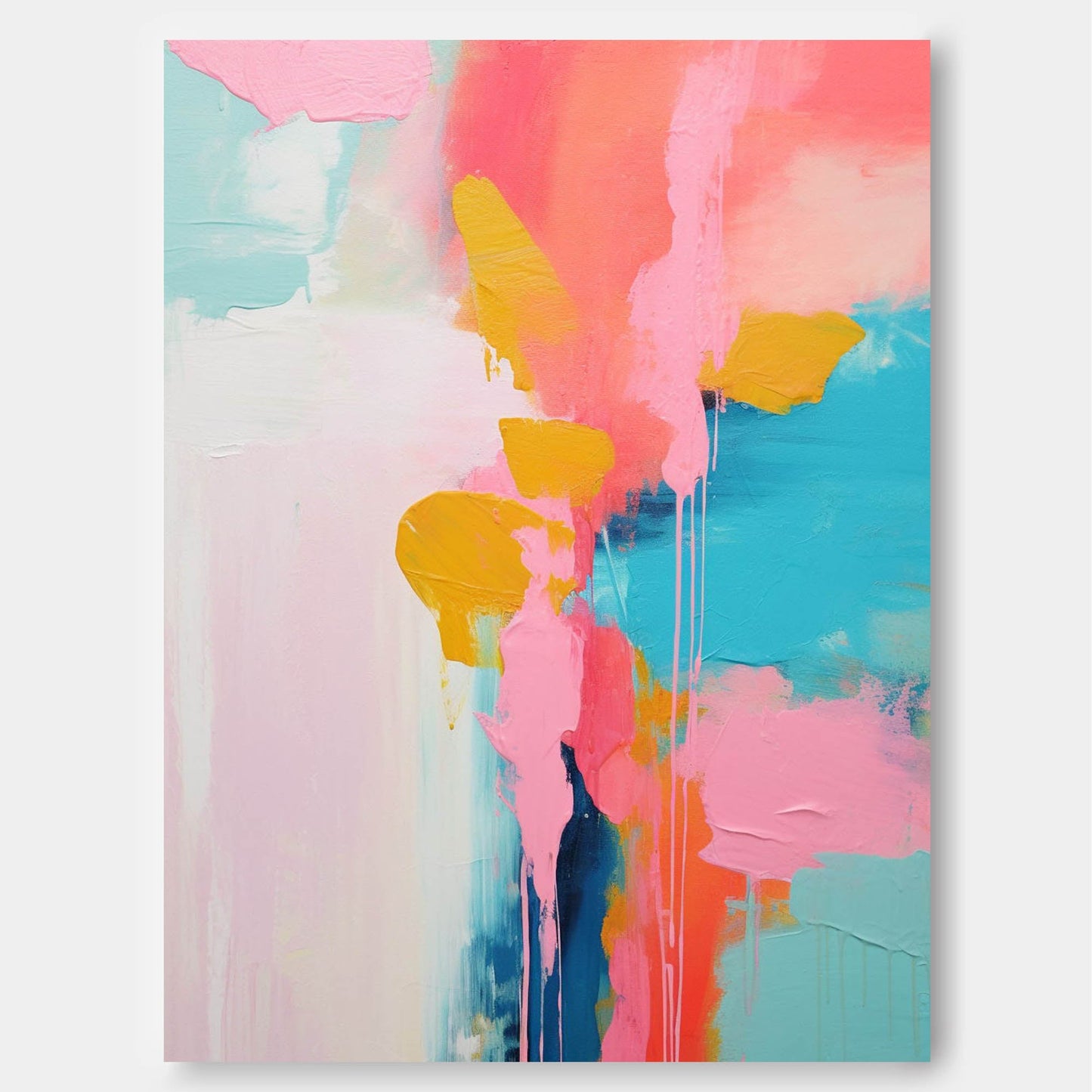 Vibrant Abstract Oil Painting in Pink, Blue, and Yellow for Modern Home Decor