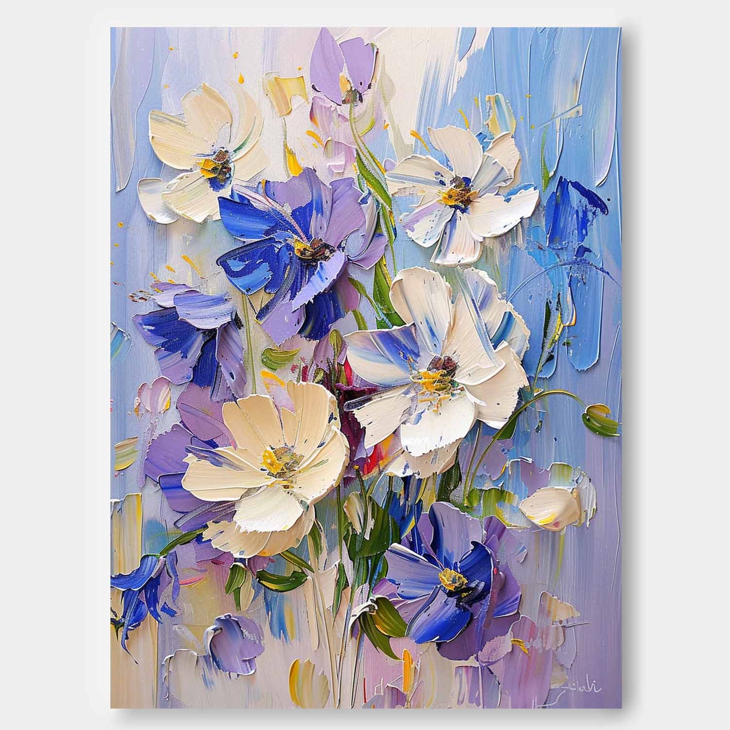 Vibrant Floral Oil Painting - Beautiful Blue and White Flower Art for Home Decor
