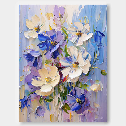 Vibrant Floral Oil Painting - Beautiful Blue and White Flower Art for Home Decor