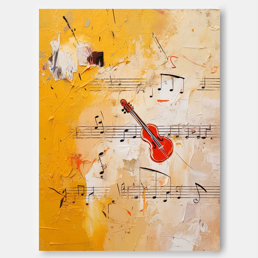 Vibrant Abstract Oil Painting with Musical Notes and a Red Violin