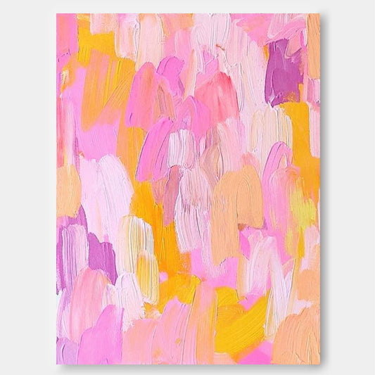 Vibrant Abstract Oil Painting in Pink and Yellow for Colorful Home Decor